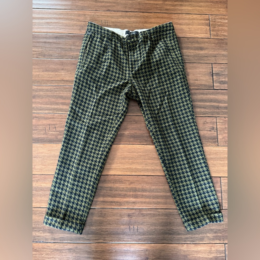 Scotch & Soda 30 Olive Houndstooth Blake Slim Pleated Wool Blend Slacks